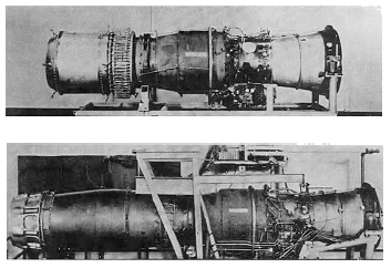 Comparacin del motor J57 funcionado con combustible militar JP-4 (parte inferior) y la versin modificada para hidrgeno (foto Pratt & Whitney).